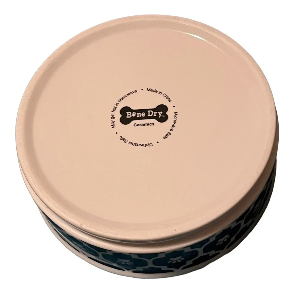 BONE Dry pet food/water bowls navy paw print exterior one gripper 5” dia 1.75”D